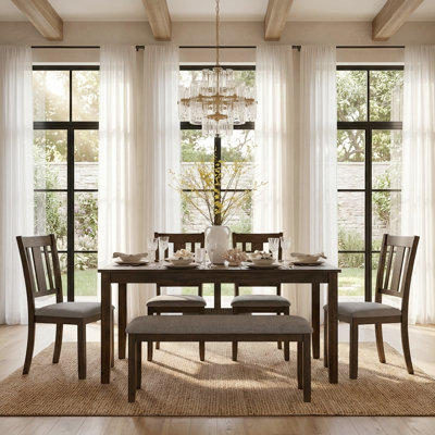 Ensemble de salle à manger rectangulaire en bois pour 6 personnes avec chaises rembourrées et banc pour la cuisine et le salon