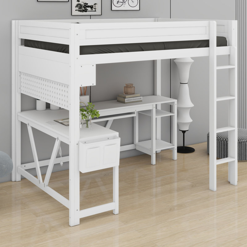 Structure de lit mezzanine en bois avec bureau intégré, tablettes de rangement, éclairage DEL et station de charge, Blanc