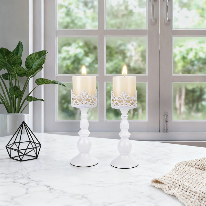 Candle Holders For Pillar Candles, Vintage Tall Candle Stand Set Of 2, Decorative Table Centerpieces For Home Decor, White