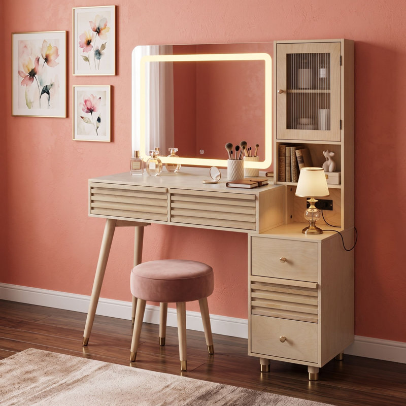 Meuble-lavabo élégant avec miroir lumineux à DEL, armoire en verre cannelé, rangement spacieux et station de charge intégrée