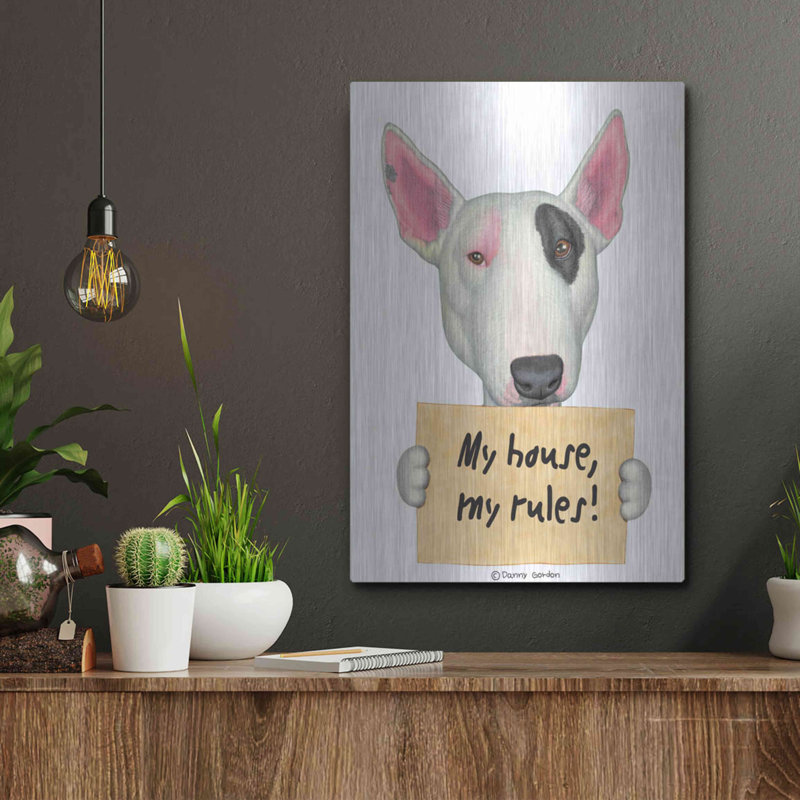 Art mural en métal Trinx «White Bull Terrier with Sign» par Danny Gordon, H 16 po x l 12 po