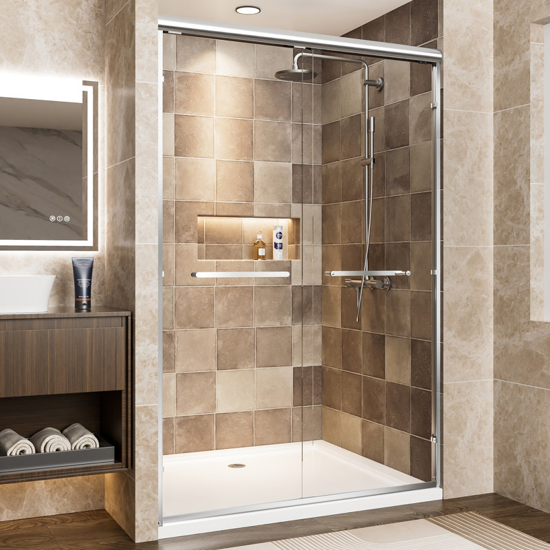 48" W X 72" H Double Sliding Shower Door With Aluminum Frame, 1/4"  6Mm  Tempered Glass And - Shatter Film, Stainless Steel Handles, Easy To Install In Bathroom Door, Clear Proof Dual Reversible