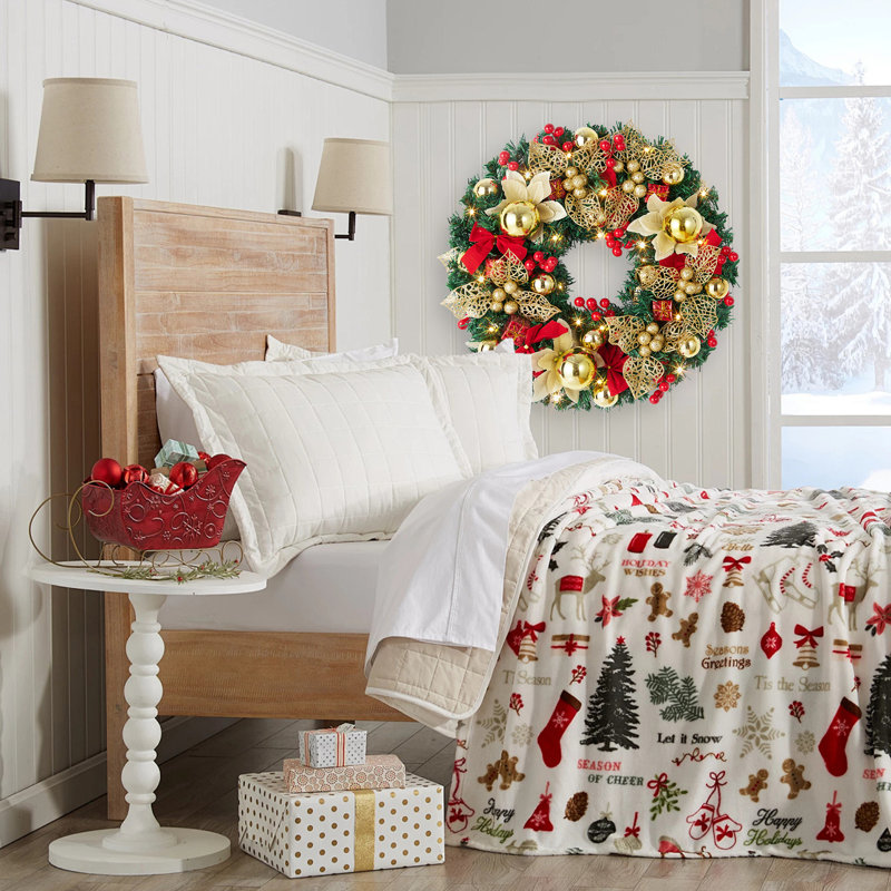 Couronne de Noël pré-éclairée de 18 pouces avec nœud rouge pour porte d'entrée, fenêtres, mur, décoration de manteau de cheminée
