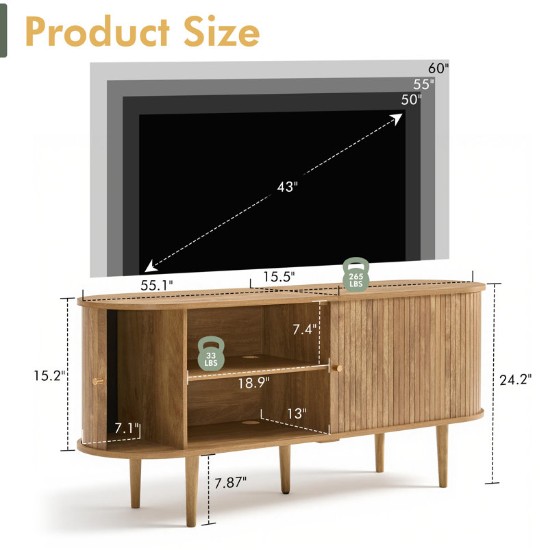 Baheerah TV Stand with Tambour Doors, Natural Wood,  24.2" H x 55" L x 15.5" W