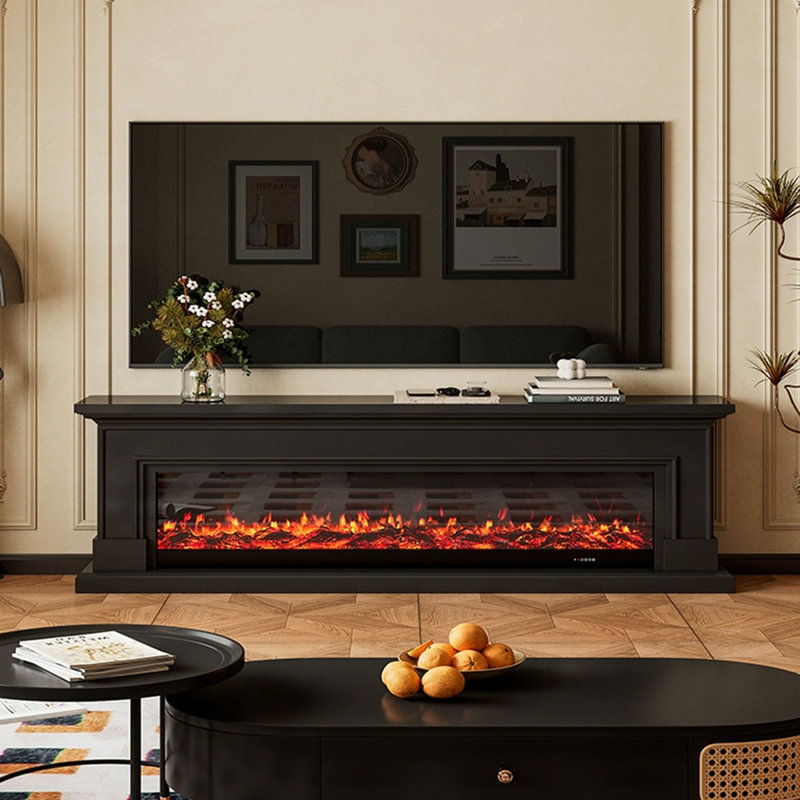 Black Solid Wood TV Cabinet Fireplace, 27.56" H x 70.87" W x 12.6" D