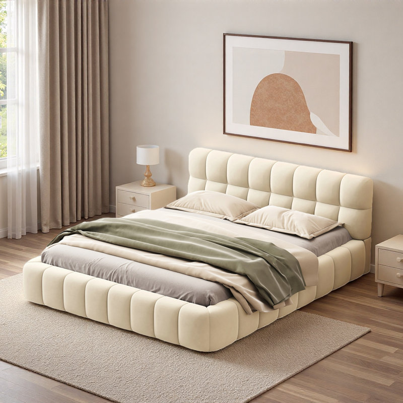 Élégant lit plateforme tapissier avec tissu épais, lit avec base solide, Beige