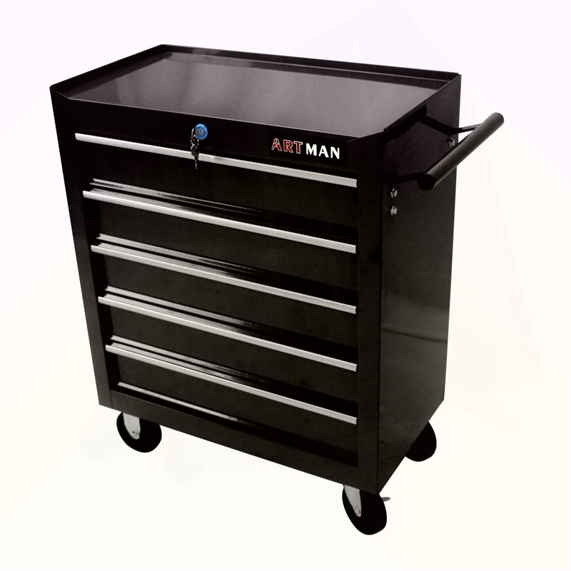 Coffre à outils 5 tiroirs, armoire de rangement pour outils pour le garage avec 4 roues et système de verrouillage, noir