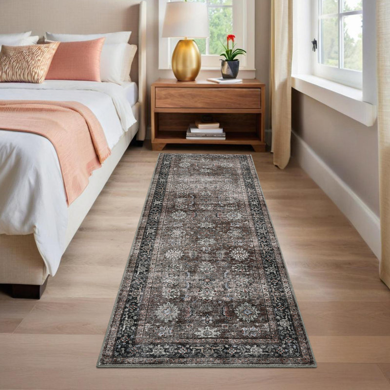 Machine Washable Rug with Rubber Backing for Living Room Oriental Non-Slip Bedroom Rug Floral Faux Wool Runner Rugs for Hallway Kitchen Entryway Laundry