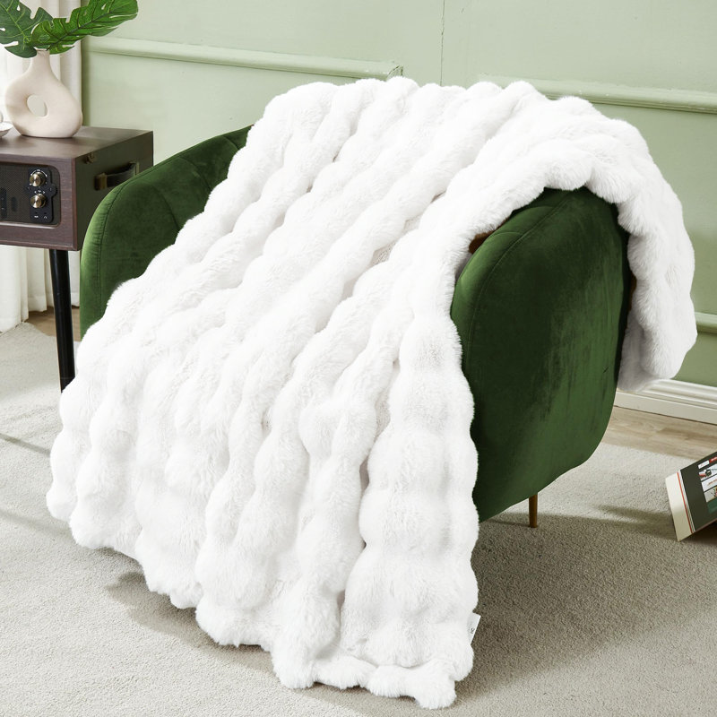 Ultra Soft Fluffy Faux Rabbit Fur Throw Blanket, Thick Warm Bubble Throw For Bed, Cozy Plush Reversible Blankets For Couch, Sofa
