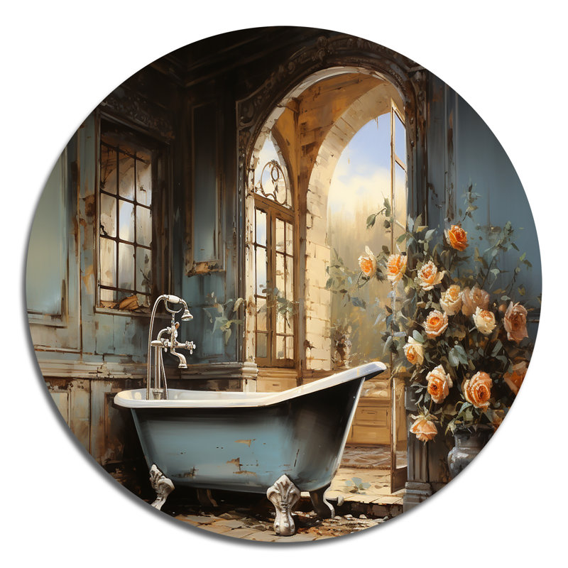 «Bathroom Vintage Elegance II - Humour», art rond en métal, H 36 po x l 36 po