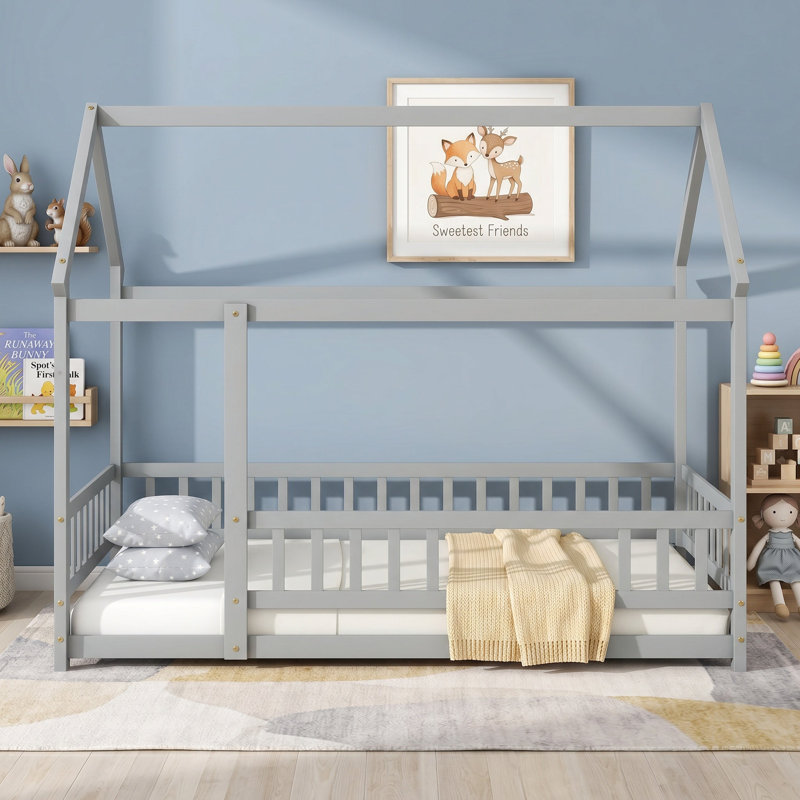 Lit simple en bois avec structure de toit et garde-corps, Gris