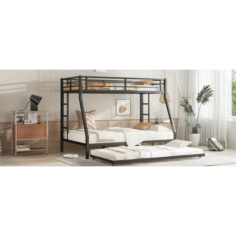 Black Metal Twin Over Full Bunk Bed With Trundle - Solid Quality, Silent Movement, Space Saving, Guardrail Protection, Simple Assembly Storage Benefit, Reinforced Bottom, Convenient Setup