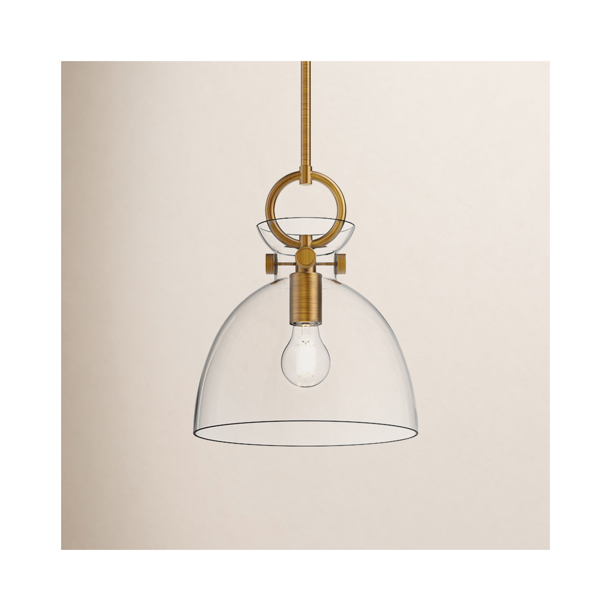 Tinka Single Light Glass Steel Pendant, 12.75" H x 10.5" W x 10.5" D, Clear, Aged Gold