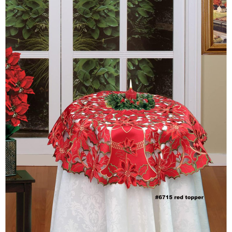 Holiday Christmas Embroidered Tablecloth Poinsettia Bell Table Cloth Topper RED Round Or Square (33" Round)