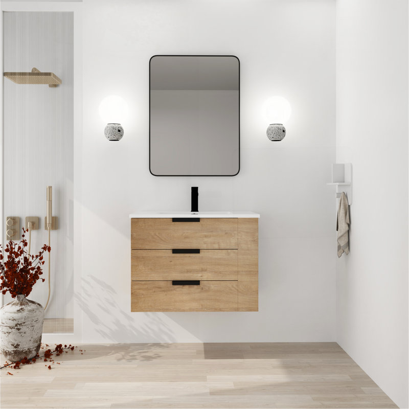 Meuble-lavabo mural 30 po avec lavabo, tiroir à fermeture en douceur et tablette latérale