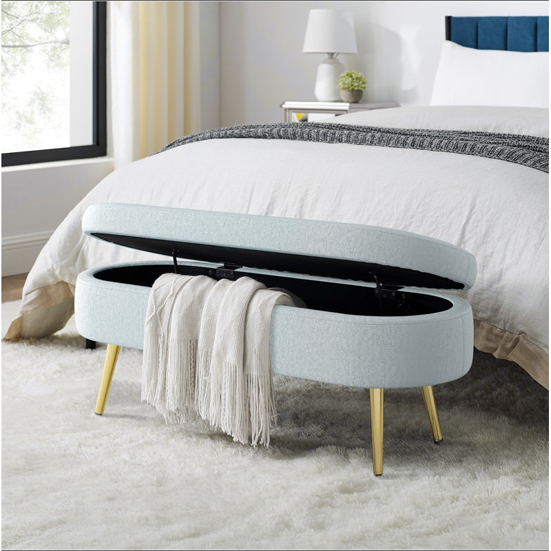 Banc de rangement repose-pieds ovale en flanelle avec pieds en métal - cyan (43,5 po x 16 po x 16 po), Cyan