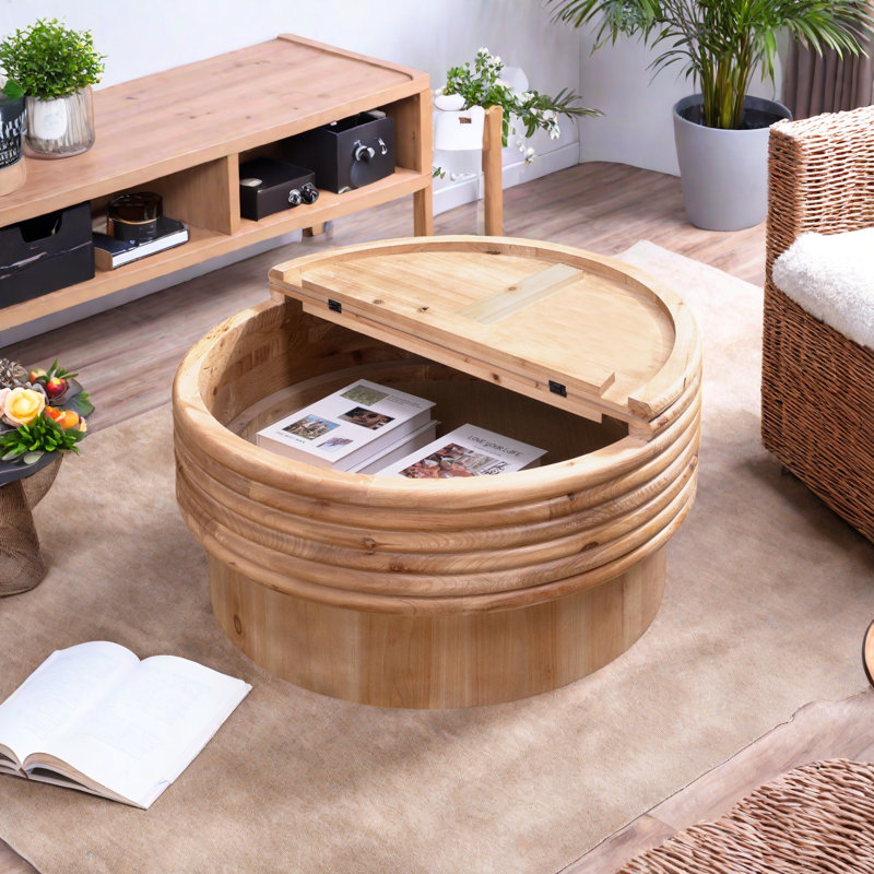 Table basse ronde en bois avec rangement caché - Centre de table rustique moderne 30,3 po pour salon, finition naturelle, couvercle relevable