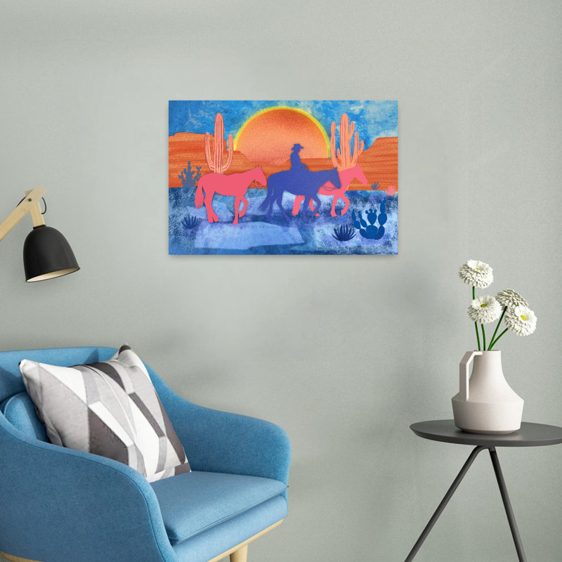 «Cowboy Desert Journey», art contemporain abstrait cheval de cactus au coucher du soleil, H 16 po x l 24 po