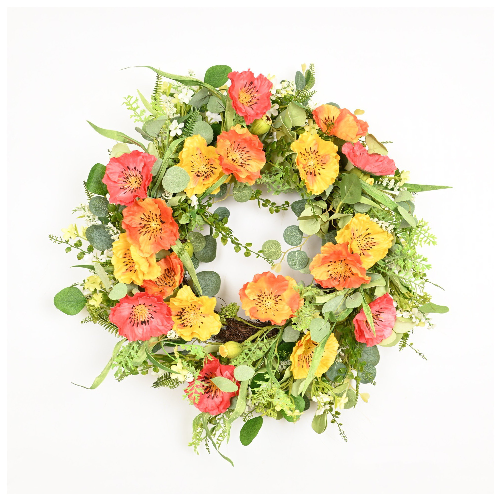 Artificial Farmhouse Blossoms Cluster Greenery Eucalyptus Berry Corn Poppy Floral Spring Summer Wreath For Front Door