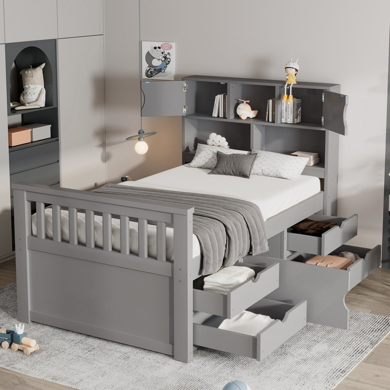 Structure de lit plateforme simple avec bibliothèques et tablettes de rangement, quatre tiroirs, gris, Gris