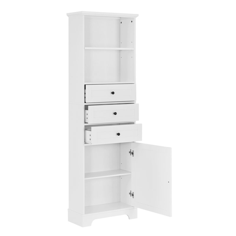 White Tall Bathroom Storage Cabinet with Adjustable Shelves and Drawers
