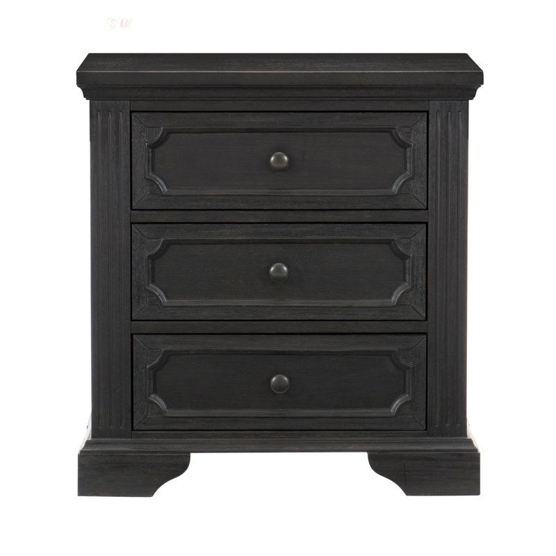Table de chevet à 3 tiroirs de style traditionnel avec finition anthracite brossée et boutons bronze clair, parfaite pour les chambres rustiques.
