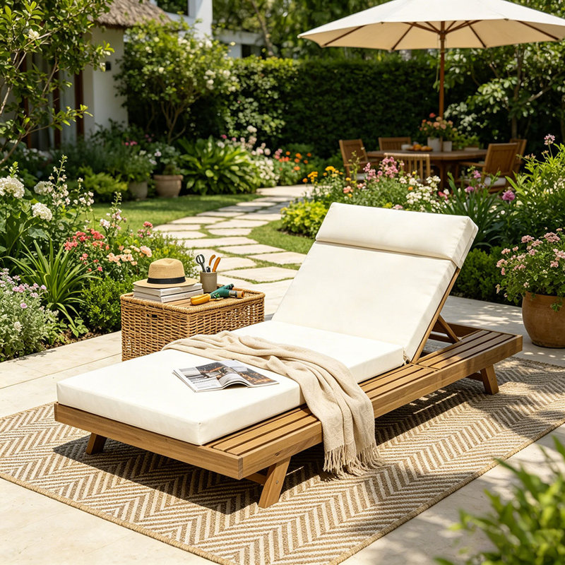 Lounge Chaise Set With Headrest, Space Available On One Side, Acacia Wood With Water-Resistant Lounge Cushions (3-Fold & 4 Inch)