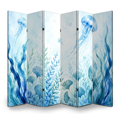 6 panneaux paravent pliant paravent méduse bleu royal plantes sous-marines aquarelle scène marine toile séparateur de pièce séparateur de protection autoportant cloison d'intimité pour salle de bain