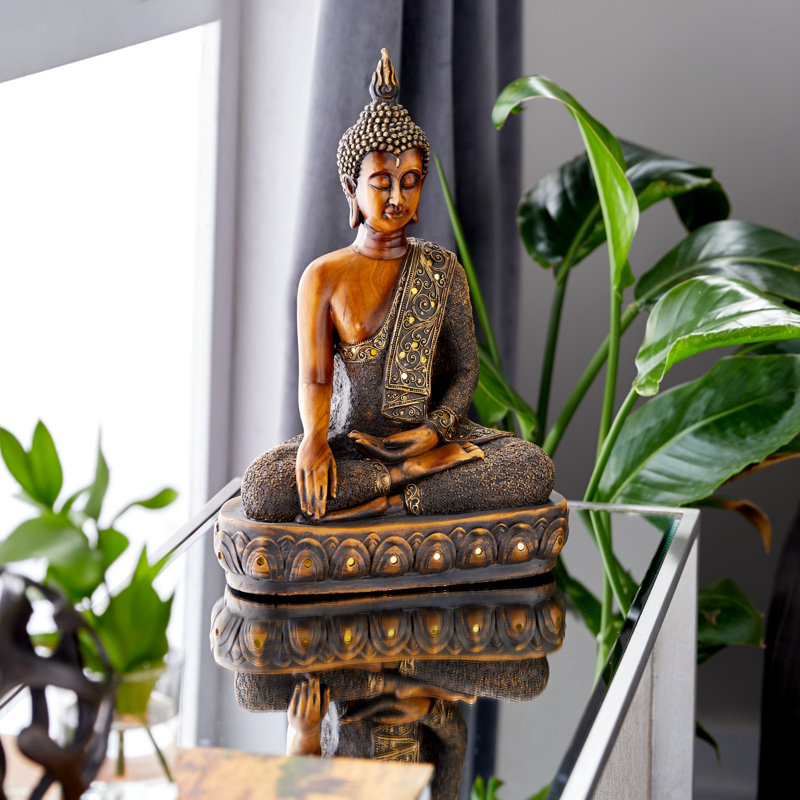 Brown Polystone Meditating Buddha Sculpture with Engraved Carvings and Relief Detailing
