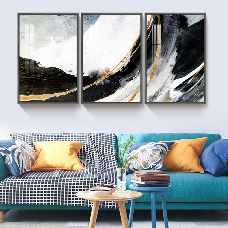 Vague de mer moderne noire et blanche avec ligne dorée - ensemble de 3 peintures sur toile encadrées, Noir