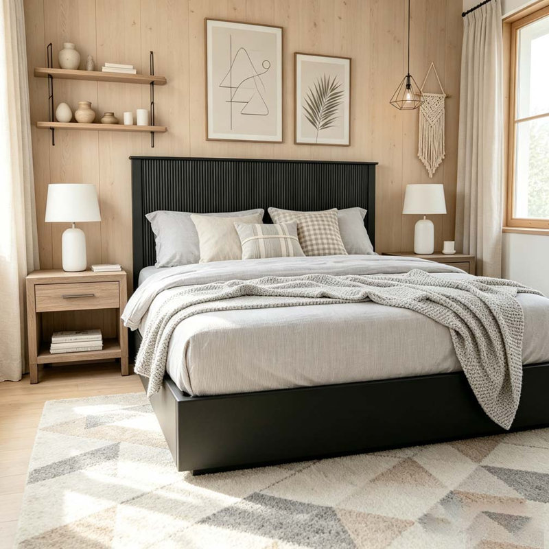 Solid Wood Bed Frame, Black, Queen
