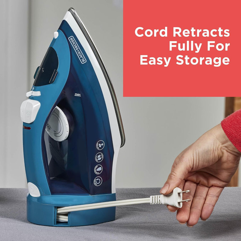 Black+Decker BLACK+DECKER Steam Iron for Clothes with Retractable Cord, Vertical Steaming, Anti-Drip Design, Spray Mist and Auto Clean Button, 1200W