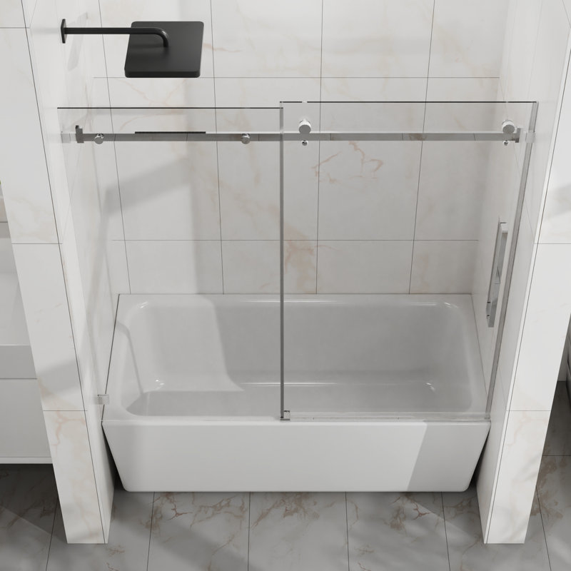 60" W X 58" H Shower Door, 6Mm Tempered Clear Glass, Reversible Sliding, Water - Blocking, Silent Pulleys Blocking Threshold, Quiet Open