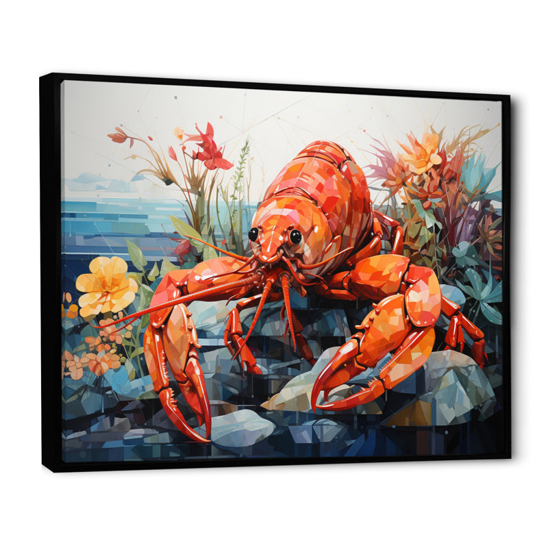 «Coral Yellow Lobster Grace», reproduction géométrique sur toile, H 30 po x l 40 po x P 1,5 po, Cadre flottant noir