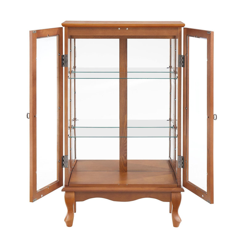 2 Doors Curio Cabinet With Tempered Glass Doors, Curio Cabinets With Mirrored Back Panel And Adjustable Shelves, Lighted Display Cabinet For Home, Office Light Bulb Included Oak