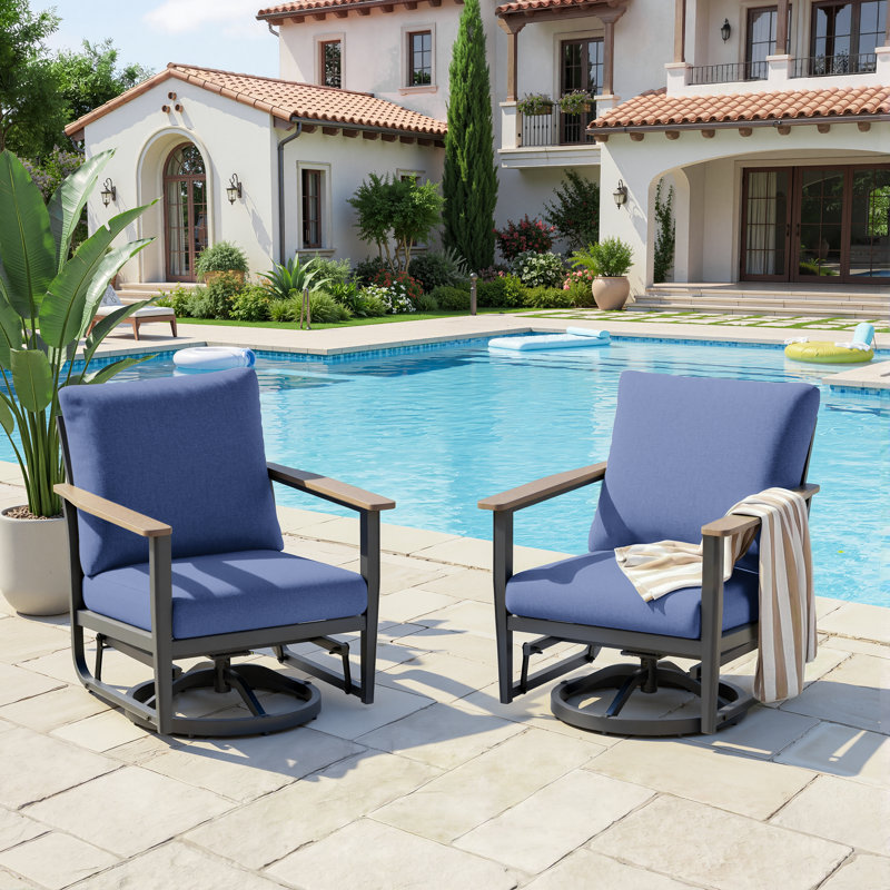 2 Person Aluminum Outdoor Swivel Rocking Armchairs With Cushions, Navy Blue