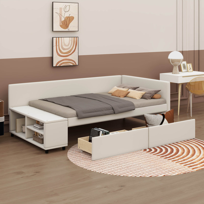 L-Shaped Upholstered Twin Platform Bed With Built-In Drawers, Beige