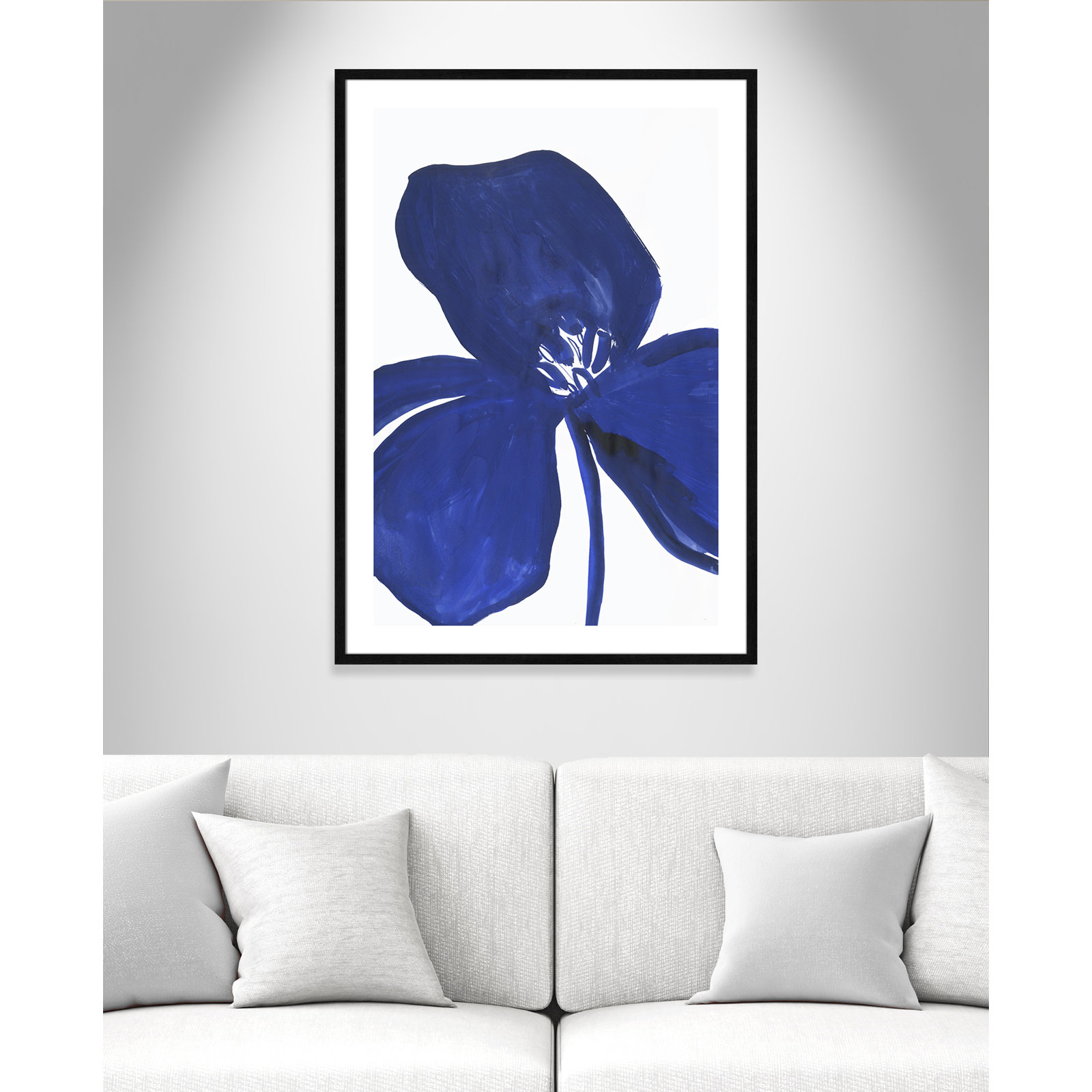 Clarisse "Indigo Petal II" Painting, 41.5" H x 29.5" W x 0.75" D, Black Framed Paper