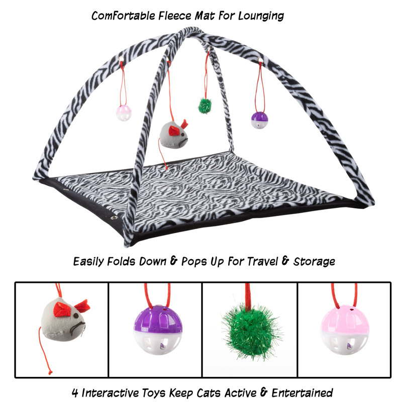 PETMAKER Cat Activity Center - Foldable Play Area for Cats and Kittens with Soft Fleece Mat and Hanging Toys for Exercise or Napping, Zebra