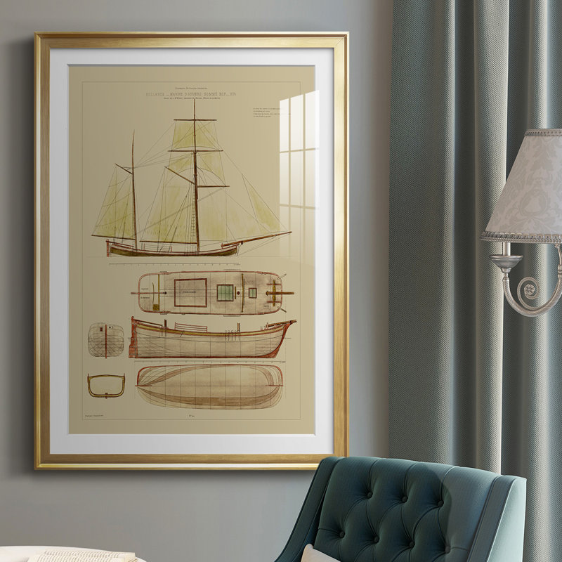 Antique Ship Plan IV, reproduction d'art encadrée, Encadrement doré, H 36,5 po x l 26,5 po x P 1 po