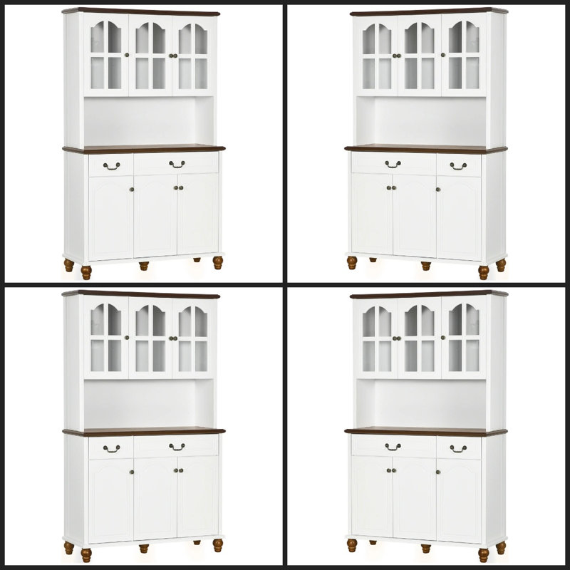 Buffet de cuisine blanc avec 6 portes, 2 tiroirs et 3 tablettes réglables à 3 niveaux