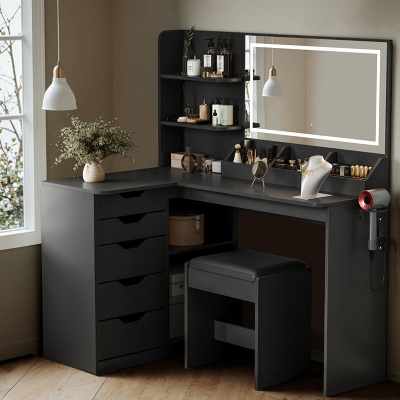 Meuble-lavabo de coin avec lumières et miroir, Noir