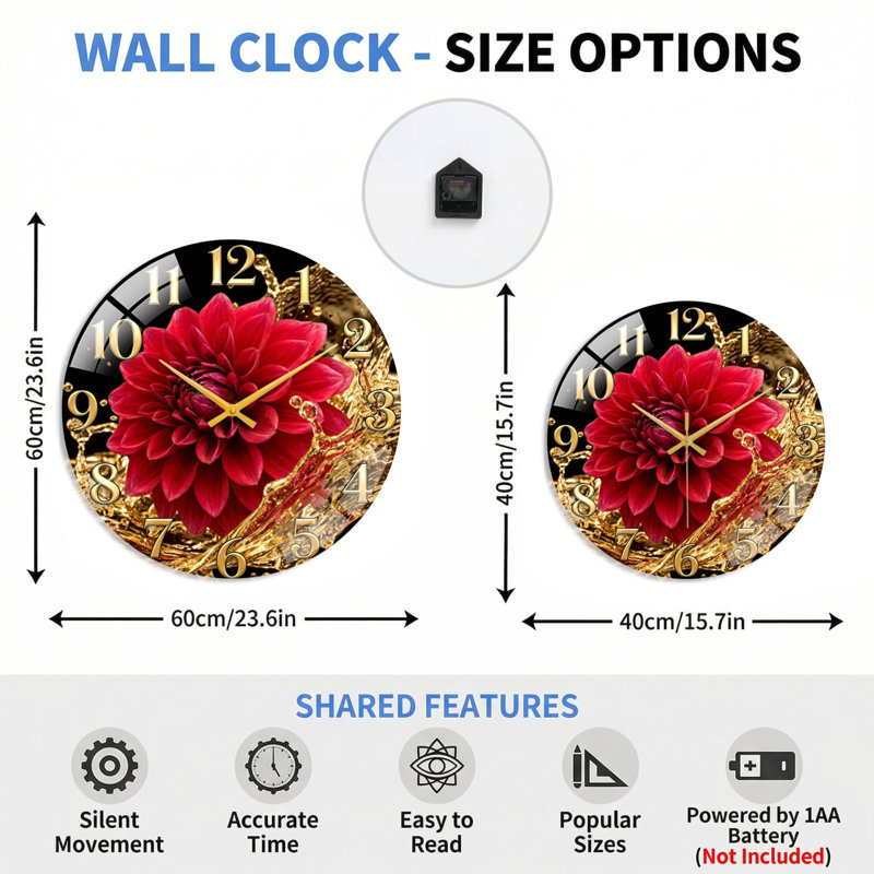 Horloge murale florale en verre, 40 x 40 cm (15,7 x 15,7 pouces)