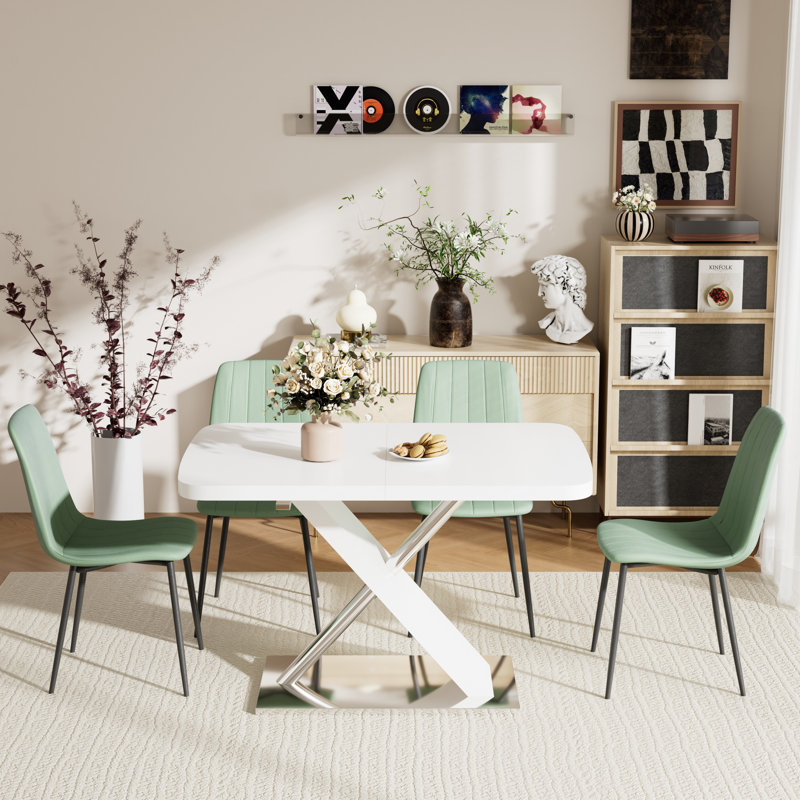 Ensemble de table de salle à manger rectangulaire extensible, 5, Vert, Blanc
