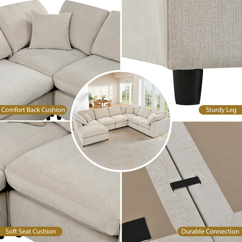 7 Pieces Chenille Sectional Corner Sofa 125" Modular Reversible Deep Seat Cloud Couch With Ottoman Chaise Set & Pillows