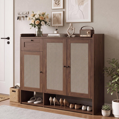 Wooden Shoe Storage Cabinet with Rattan Doors & Drawer, Narrow Freestanding Entryway Shoe Organizer with Adjustable Shelves for Hallway/Living Room - Walnut