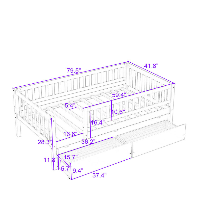 Rowanne Wooden Daybed Wood Bed with Two Drawers and Fence, White, Twin