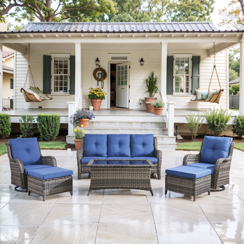 Bonia Wicker 5 - Person Patio Conversation Set with Cushions, Gray Frame/Blue Cushion