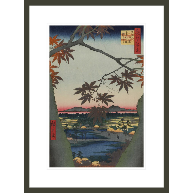 Érable au sanctuaire de Mama Tekona et pont lié n ° 94 de Cent célèbres vues d'Edo par Utagawa Hiroshige - impression giclée encadrée