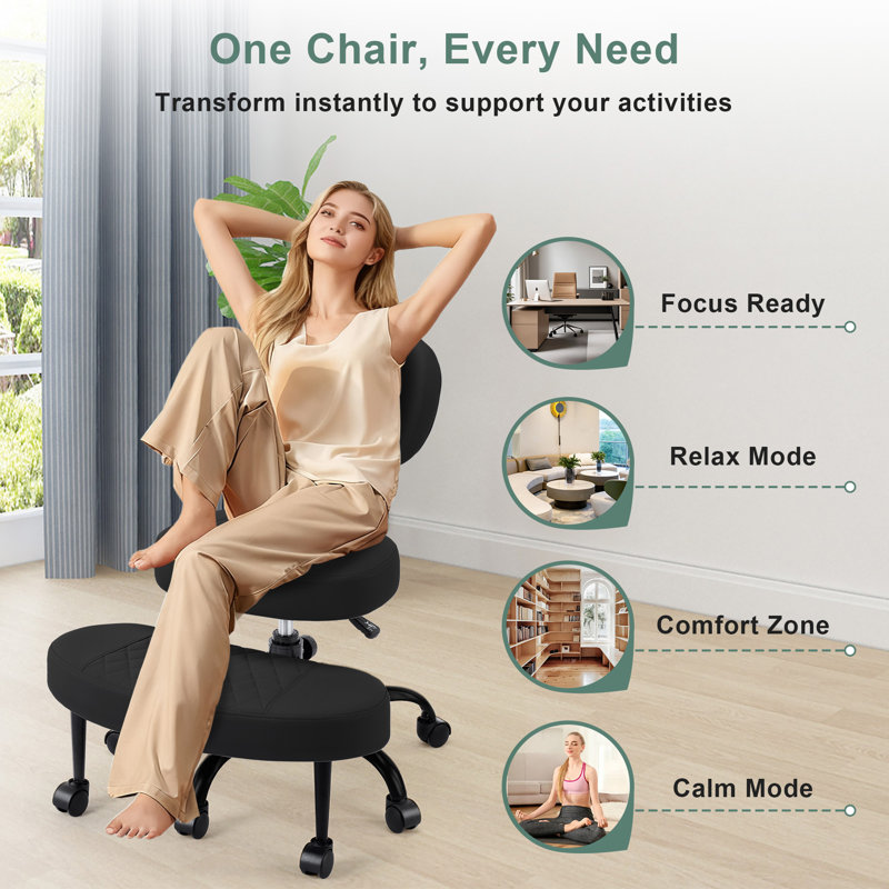 Ergonomic Office Chair with Adjustable Footrest for Cross-Legged Sitting, Desk Chair with Wheels for Home Office, Meditation & ADHD Focus